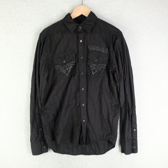 Affliction Shirt Mens Medium Black Button Up Gothic Embroidered Premium Retro - Picture 1 of 10
